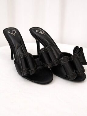 Black Rhinestone Bow Heeled Mules Size 6.5 Slip-On Stiletto Heels